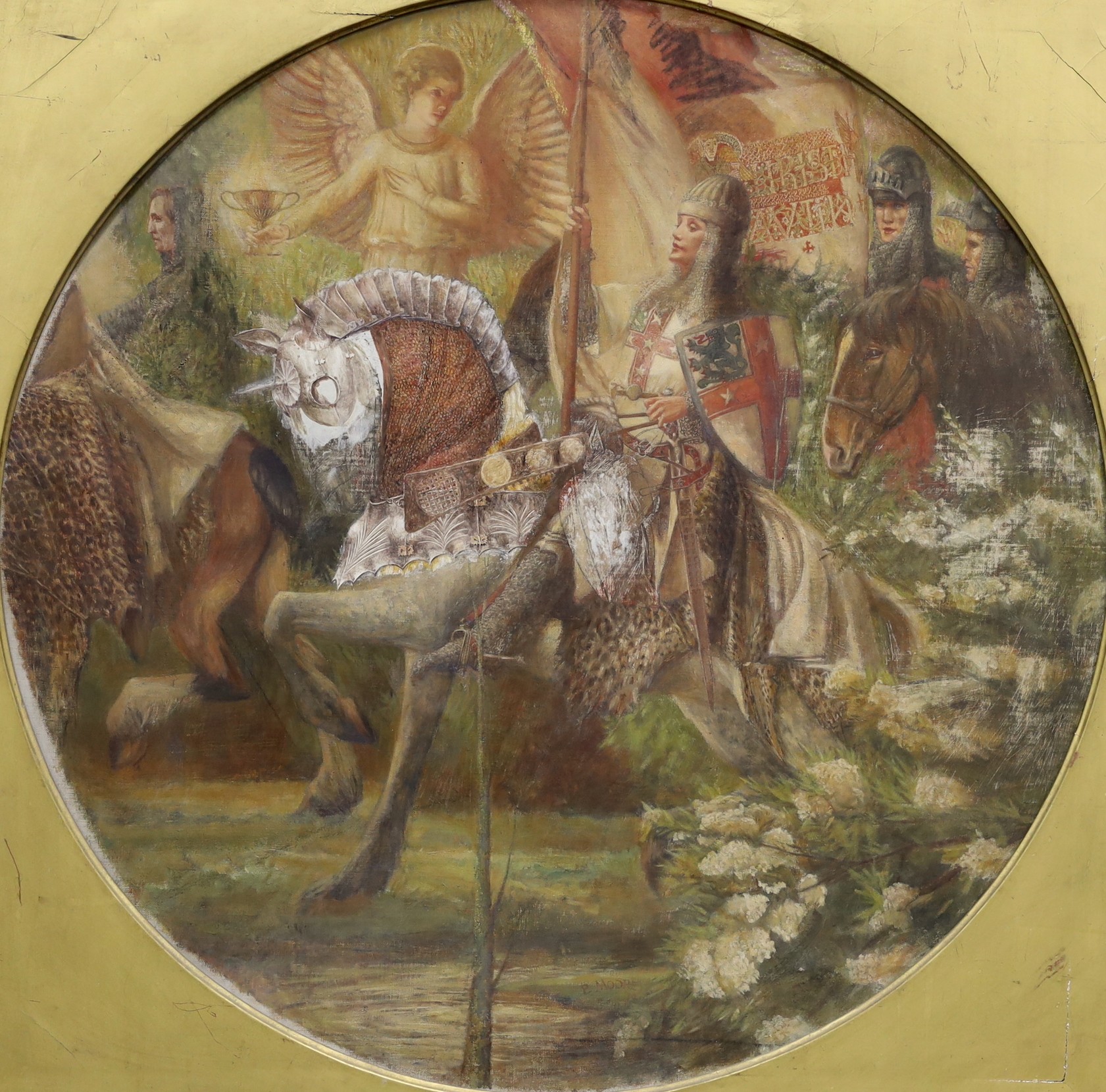 P. Moore, oil on canvas, Stylised heraldic composition with figures on horseback before an angel, circular panel, indistinctly signed and dated to field P. Moore 14, 68 x 68cm